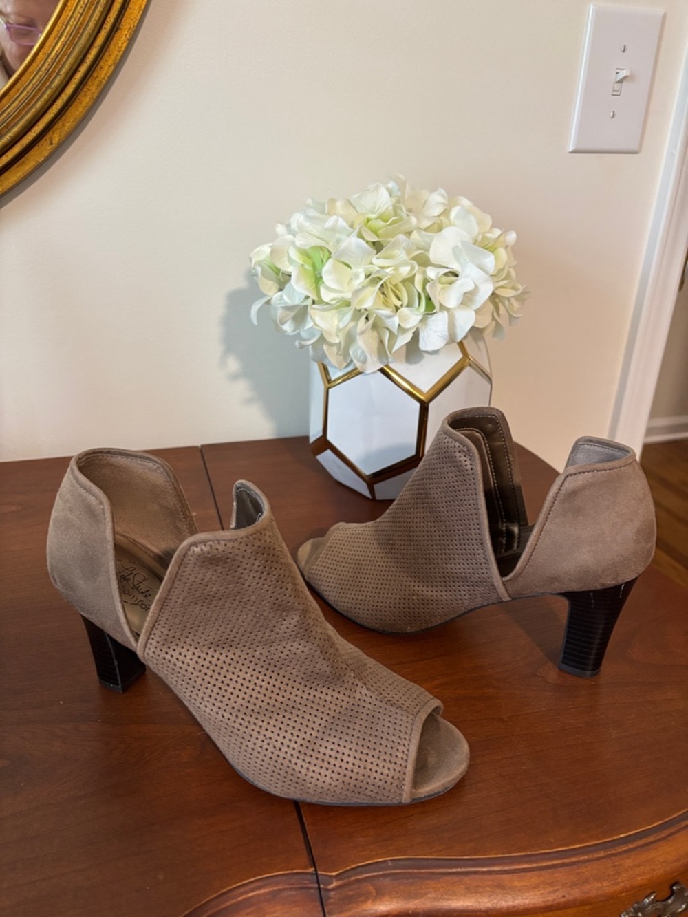 Suede Perforated Peep-Toe Heel Booties in Taupe